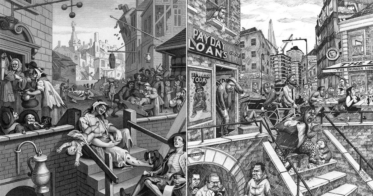 Знаменитая картина Gin Lane художника William Hogarth, показывающая всю пагубность употребления джина