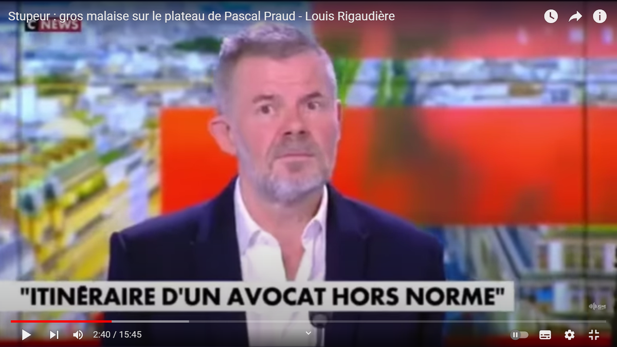 На лице Эрика Нолло (журналист Europe1) нашла отражение мысль: "Это что же, выходит, Макрон - жертва сексагрессии?!" Скриншот из передачи с канала Ligne Droite в YouTube.