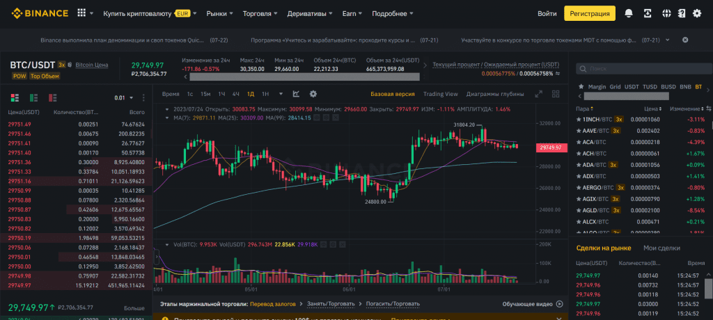 Торговый интерфейс Binance в режиме маржинальной торговли