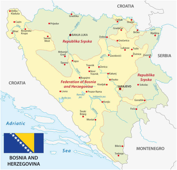    bosnia and herzegovina administrative and political vector map with flag grom