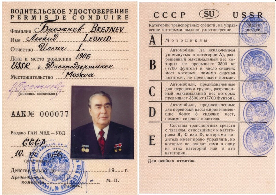 В середине ноября 2019 года на аукционе в Москве были выставлены водительские права советского лидера. Неизвестный покупатель заплатил за них 1,55 млн рублей.