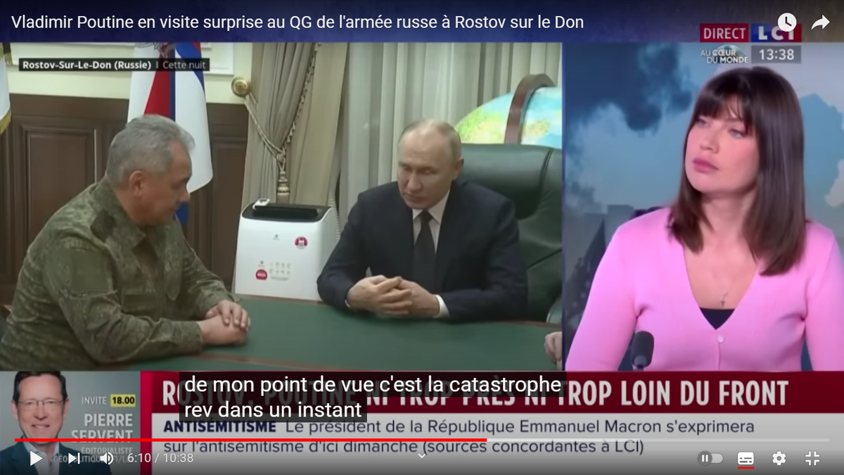 Субтитры слов Кондаковой: "С моей точки зрения, это катастрофа" Скриншот из передачи, опубликованной на канале LCI в YouTube.