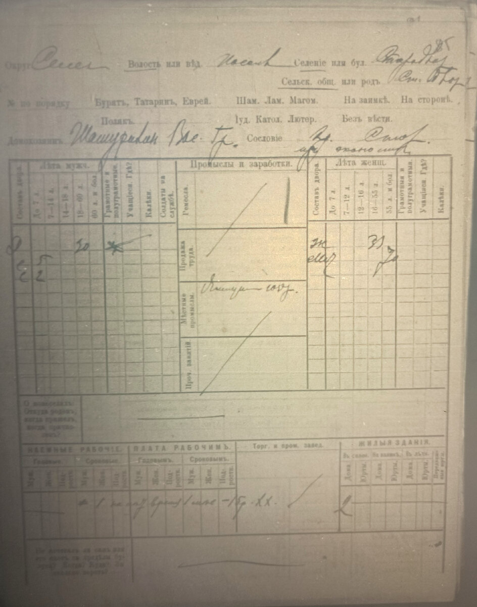 Некоторые карточки таких домохозяйств: семья Шашурихина Вас. Гр. (в графе сословие - кр. стар. из экономич...)