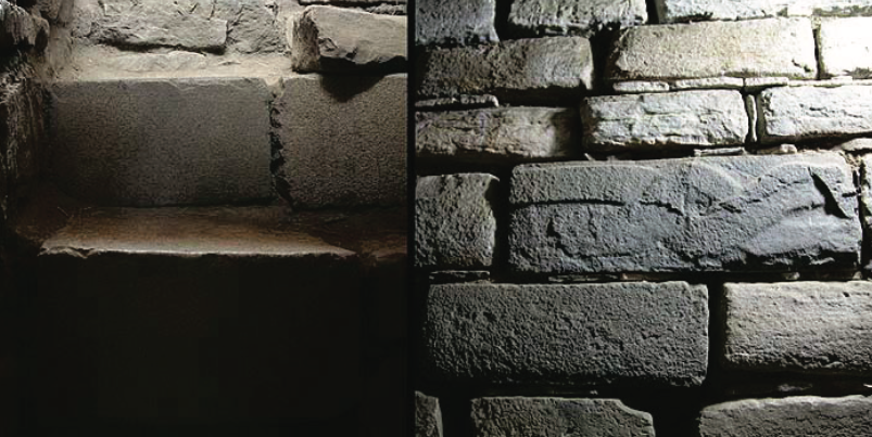 Ровные блоки и остатки барельефов в кладе внутренних помещений. Изображение взято из книги А. Ю. Склярова «Перу и Боливия задолго до инков», издательство ВЕЧЕ, 2011 