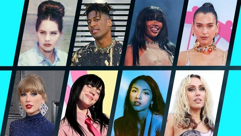 По часовой стрелке: Lana Del Rey, Jon Batiste, SZA, Dua Lipa, Miley Cyrus, Olivia Rodrigo, Billie Eilish, Taylor Swift