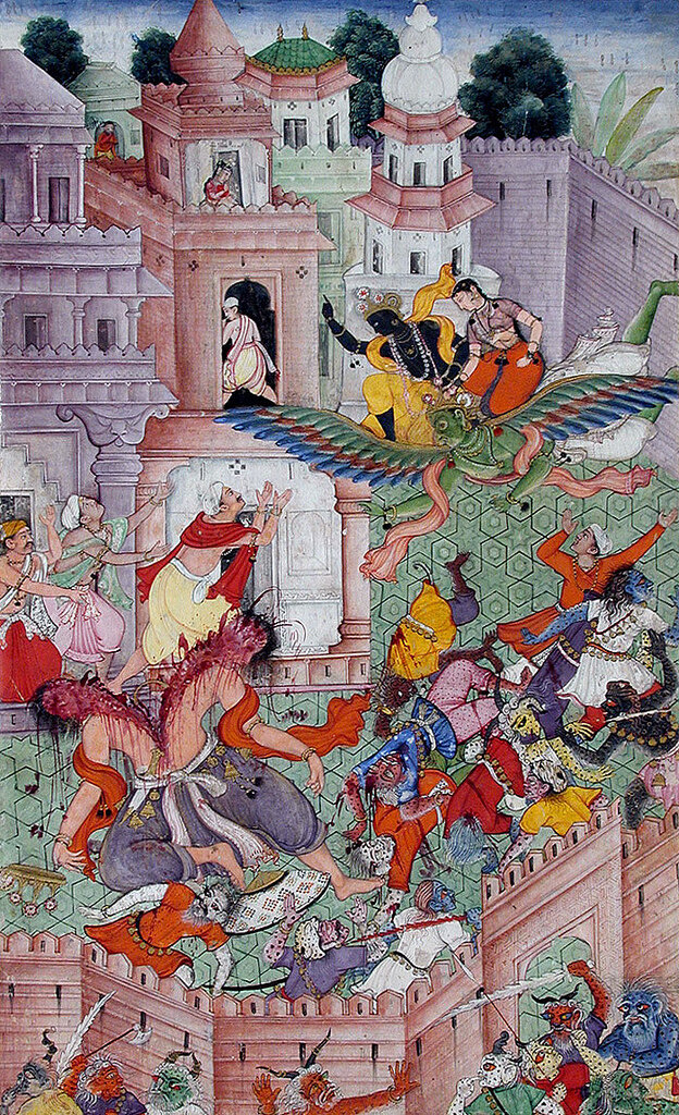 Кришна  разрубает демона Наракасуру своим диском. 1585-1590. Изображение: wikipedia.org