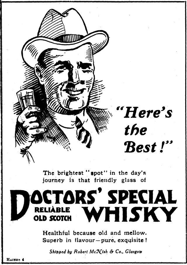 Реклама виски Doctor's Special в путеводителе по Британской и межколониальной выставке 1923-1924 годов в Хокитике, Новая Зеландия. Неизвестный автор. Общественное достояние.