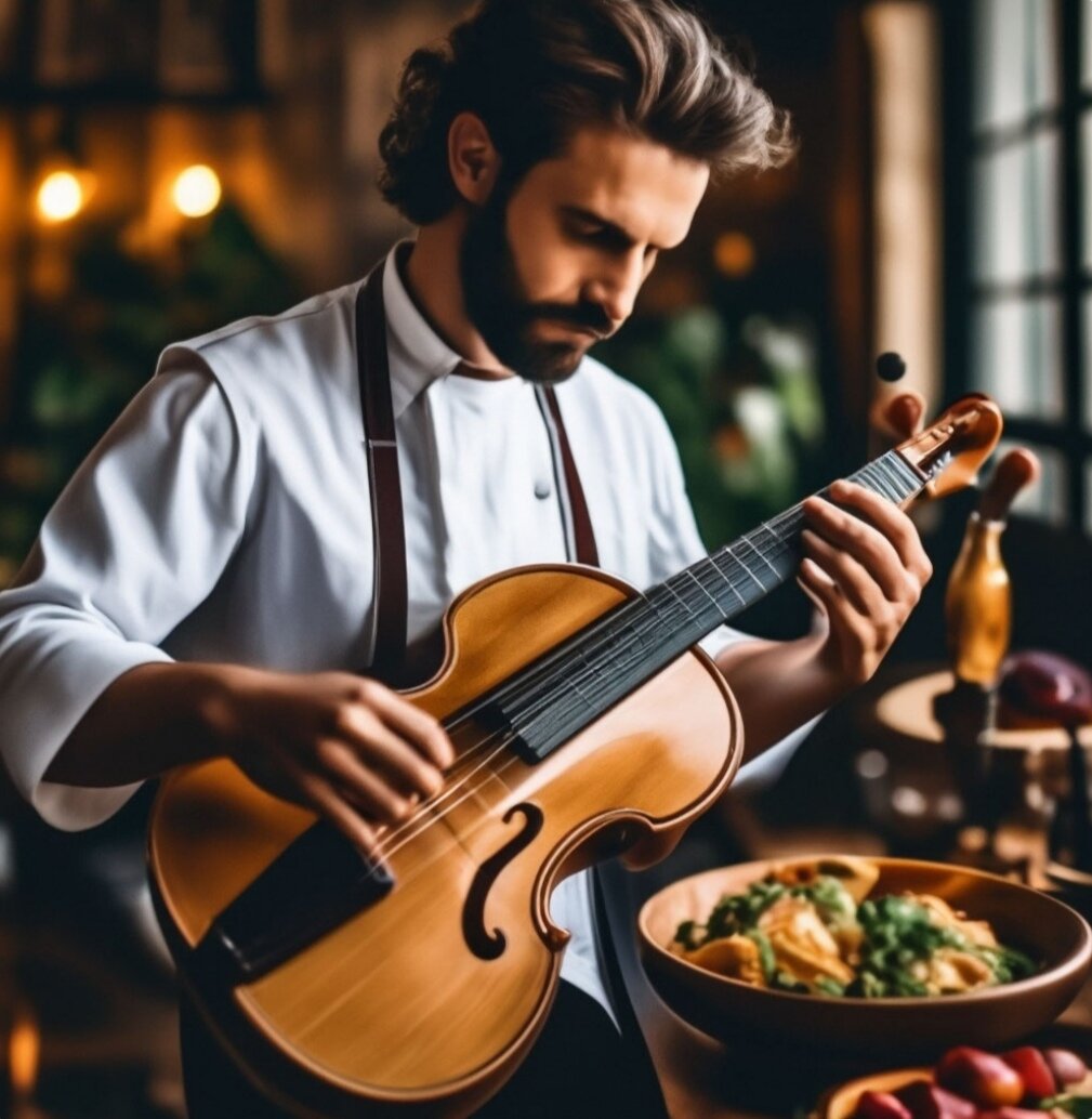 Кулинар - как музыкант. Каждый играет на своих продуктах. Сгенерировано Шедеврум по запросу
