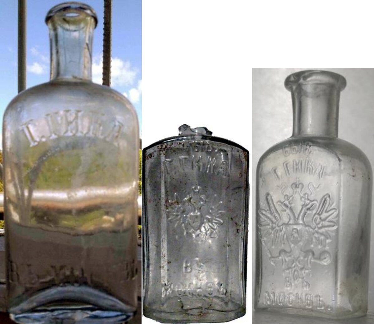Бутылки фабрики Гика разных периодов, Каталог старинных бутылок, флаконов, банок и емкостей парфюмерного и косметического назначения, составитель С.А. Попков. Скорее всего 1 бутылка датируется до 1853-1865 до получения «Государственного герба» на выставке 1865 года. Остальные более поздние, вероятно, после приобретения фирмы Георга Дютфуа. 