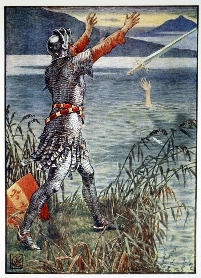 Сэр Бедивер бросает Экскалибур в озеро. Художник Уолтер Крейн  (1845–1915)