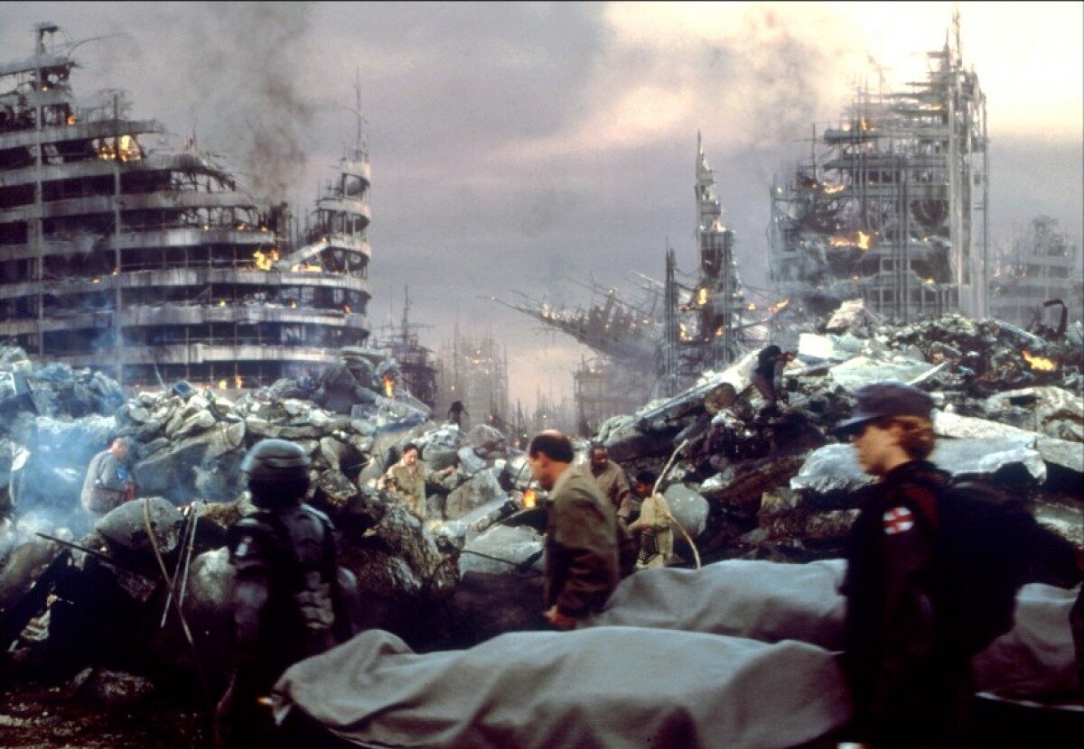 Уничтоженный астероидом город.