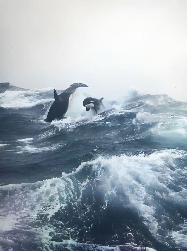 Источник: https://www.reddit.com/r/pics/comments/8tdz75/orcas_breaching_in_rough_seas_photo_taken_from_a