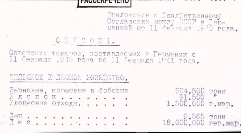 Письмо начальника Экспортного управления Наркомата внешней торговли СССР А. Иноземцева в Экономический совет при СНК СССР со списком советских товаров, поставляемых в Германию с 11 февраля 1940 г. по 11 февраля 1941 г.  ГА РФ. Ф. Р-5446. Оп. 24а. Д. 545. Л. 7-5.