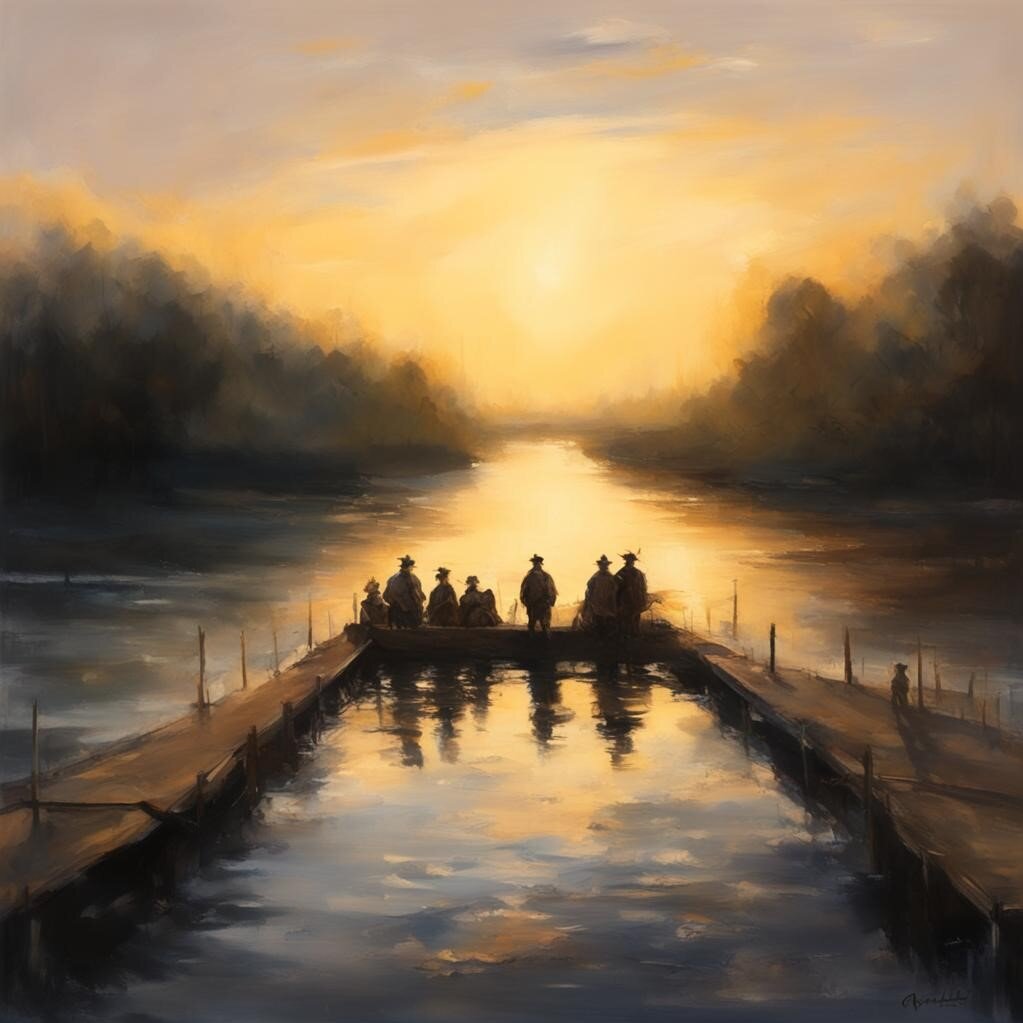 Переправа вечером. Река. Холст, Масло. Картинка создана нейросетью.