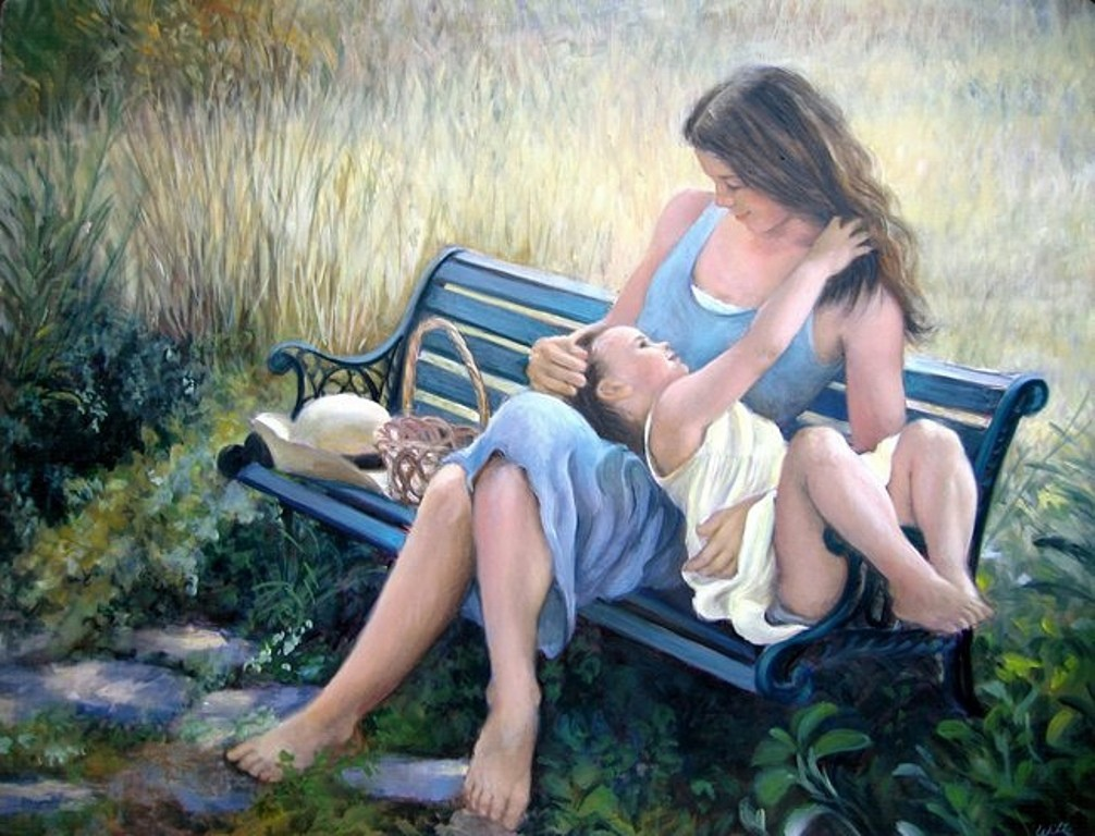 А третий сын на коленях. Художник Tom Sierak материнство. Семейное счастье в живописи. Девочка на скамейке живопись. Мама с ребенком живопись.