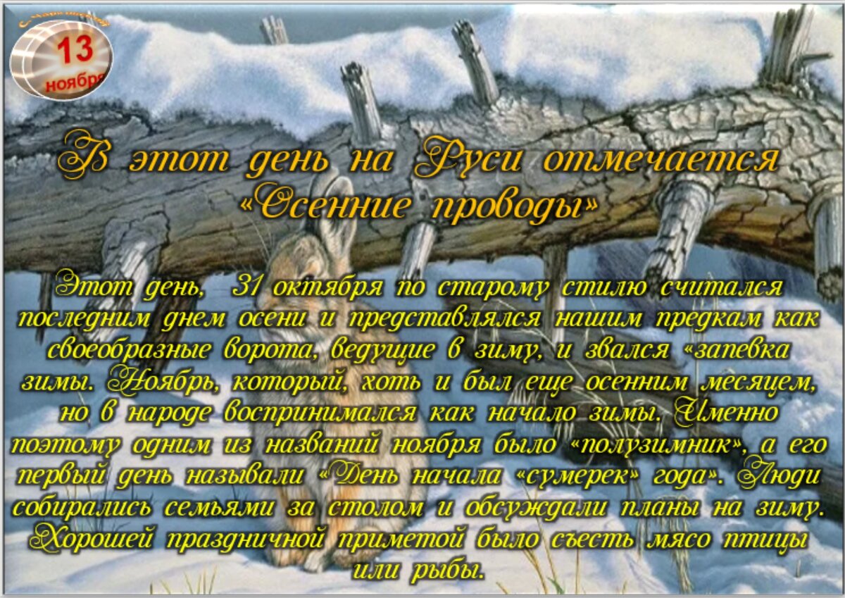 13 ноября - Приметы, обычаи и ритуалы, традиции и поверья дня. Все  праздники дня во всех календарях. | Сергей Чарковский Все праздники | Дзен