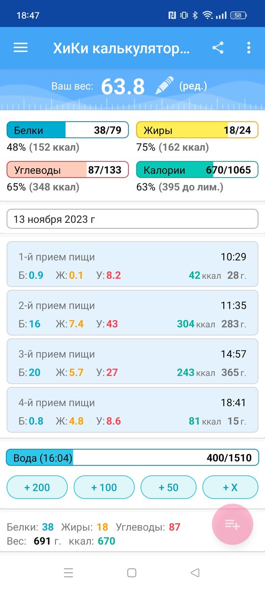 Итоги дня КБЖУ