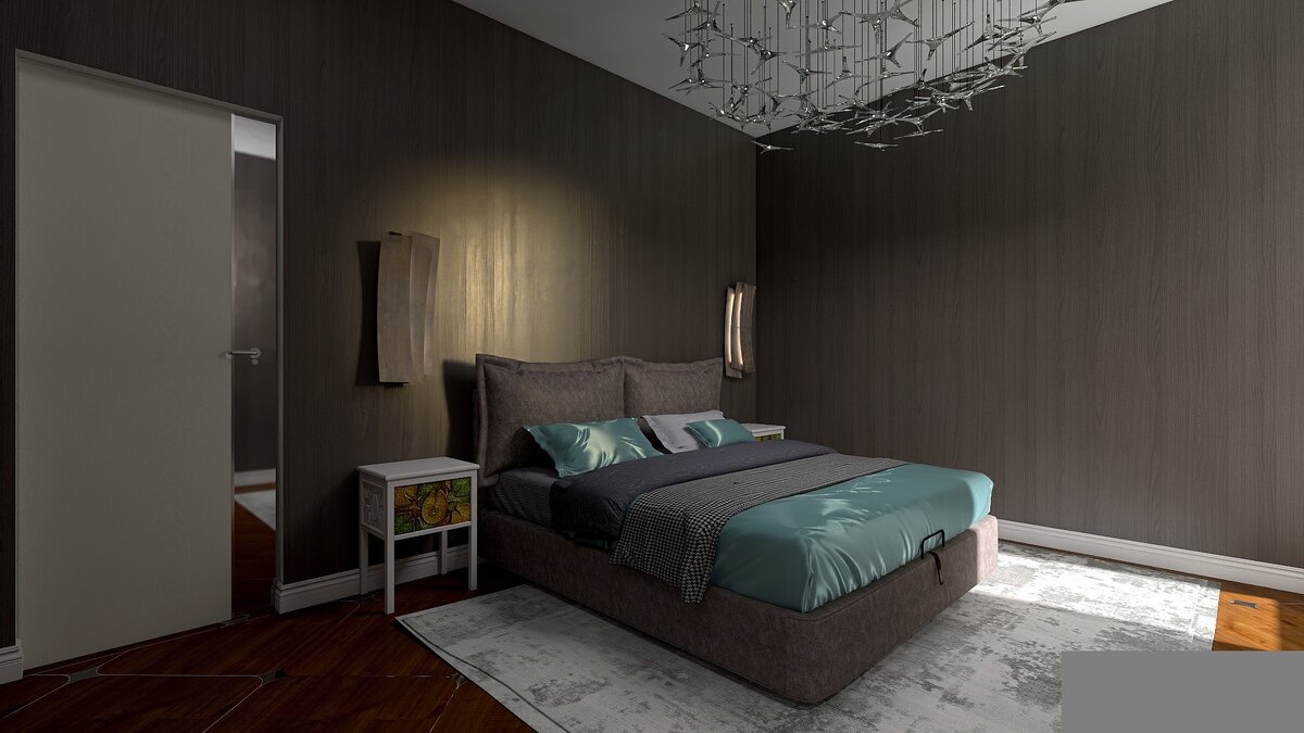 Спальня с террасой. Обои из натурального шпона.

