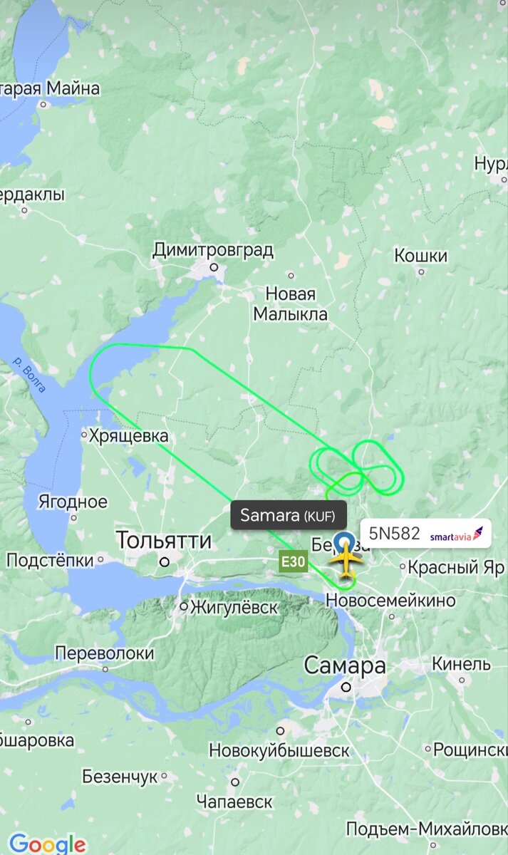    Трек возвращения рейса в Самару. Фото: скриншот сервиса Flightradar24