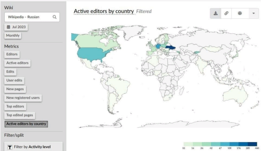 Рис. 1. Редактирование русскоязычной википедии в 2023 г - распределение по странам.