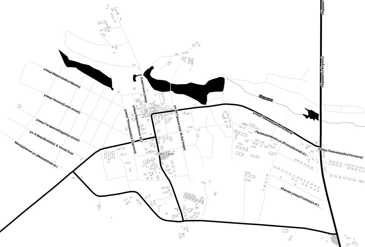 Рис. 1. Современная планировочная структура поселка (источник: https://maps.stamen.com/toner/#15/51.4193/36.1155)