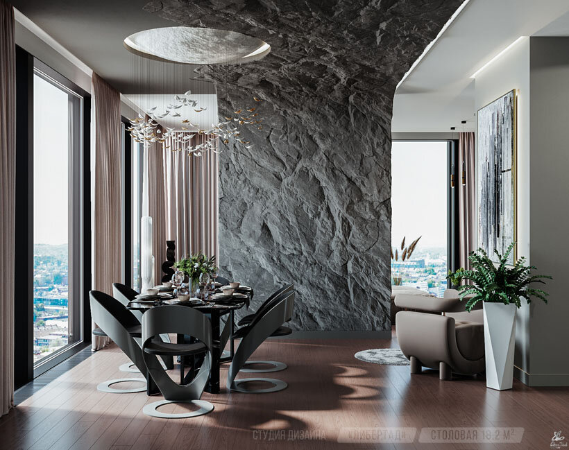 Интерьер кухни-гостиной в апартаментах Нева Таувер, Москва-Сити