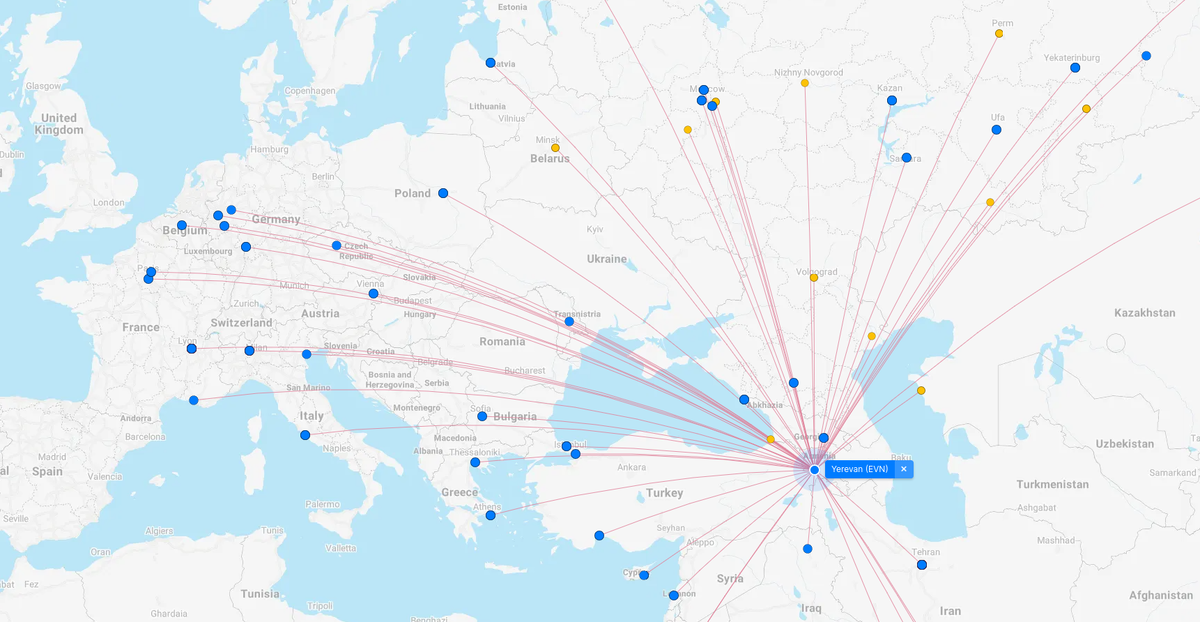 Карта прямых рейсов из Еревана
