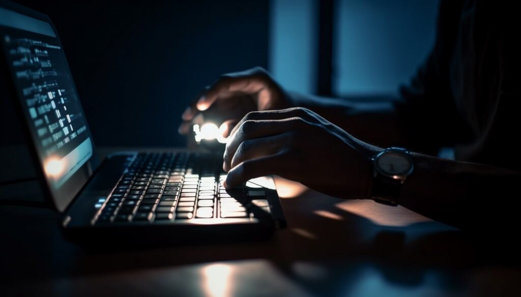    One person typing on laptop in dark office generated by artificial intelligence Максим Пеньков
