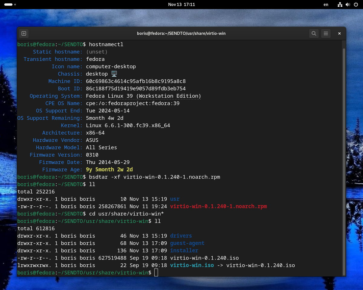 Демонстрация работы bsdtar on Fedora 39 WKS