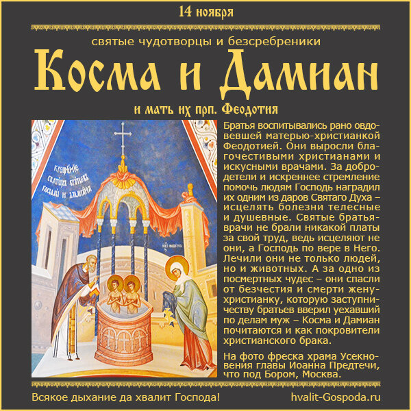 14 ноября – память святых чудотворцев и безсребреников Космы и Дамиана Азийских и матери их прп. Феодотии (III век).