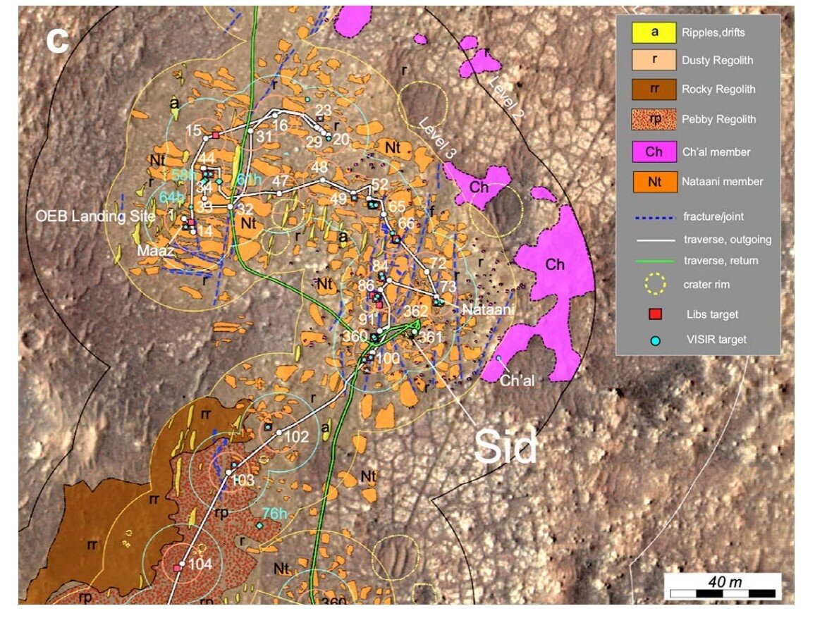 Геологическая карта in situ (Крамплер и другие, 2022 г.), показывающая места, где вблизи места приземления «Perseverance» встречаются полигонально-сочлененные породы типа Натаани и массивные породы типа Чал. Помеченная скала Сид является источником кернов образцов Хахоних и Атсах.