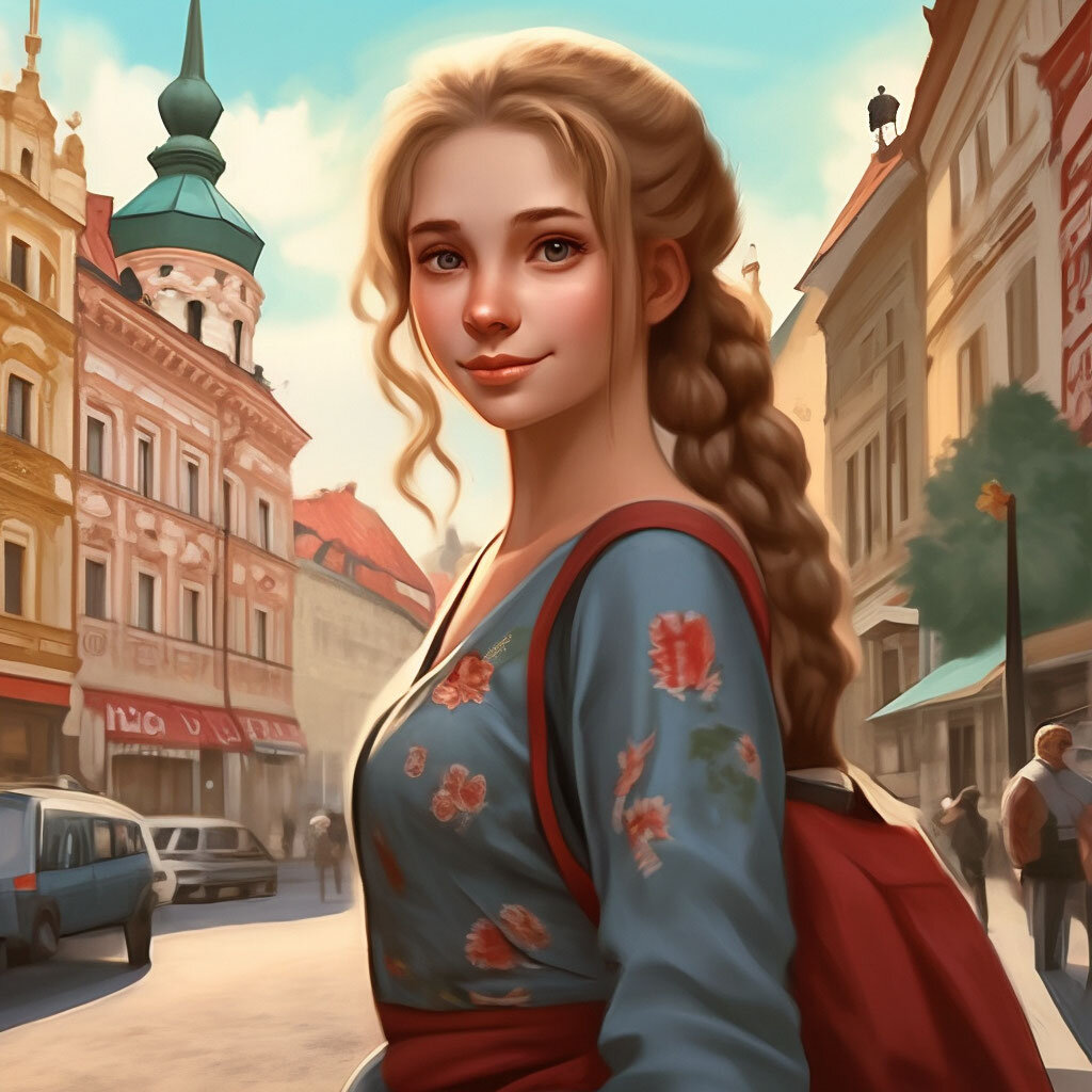 вот такую картинку мне нарисовала нейросеть на запрос: русская девушка на улицах Чехии. Чем-то на меня даже похожа, мне кажется:)