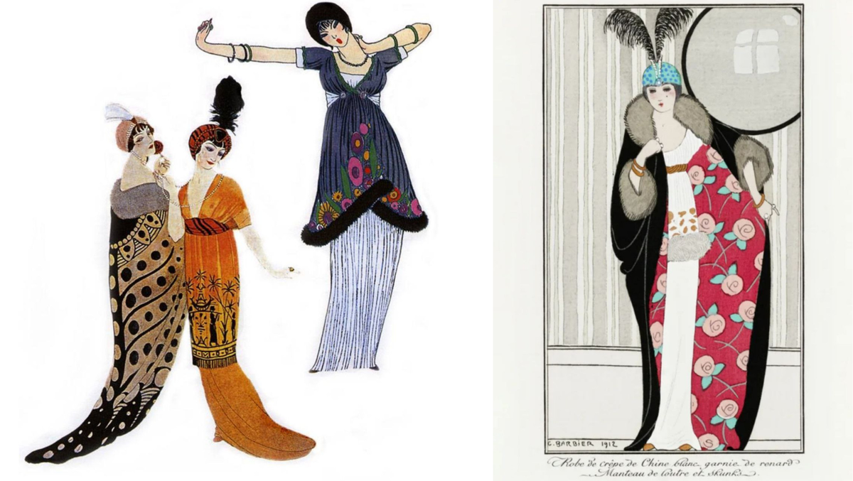 Одежда в стиле ар-нуво. Как вам платье с розами справа? Напомнило платье от Chanel?