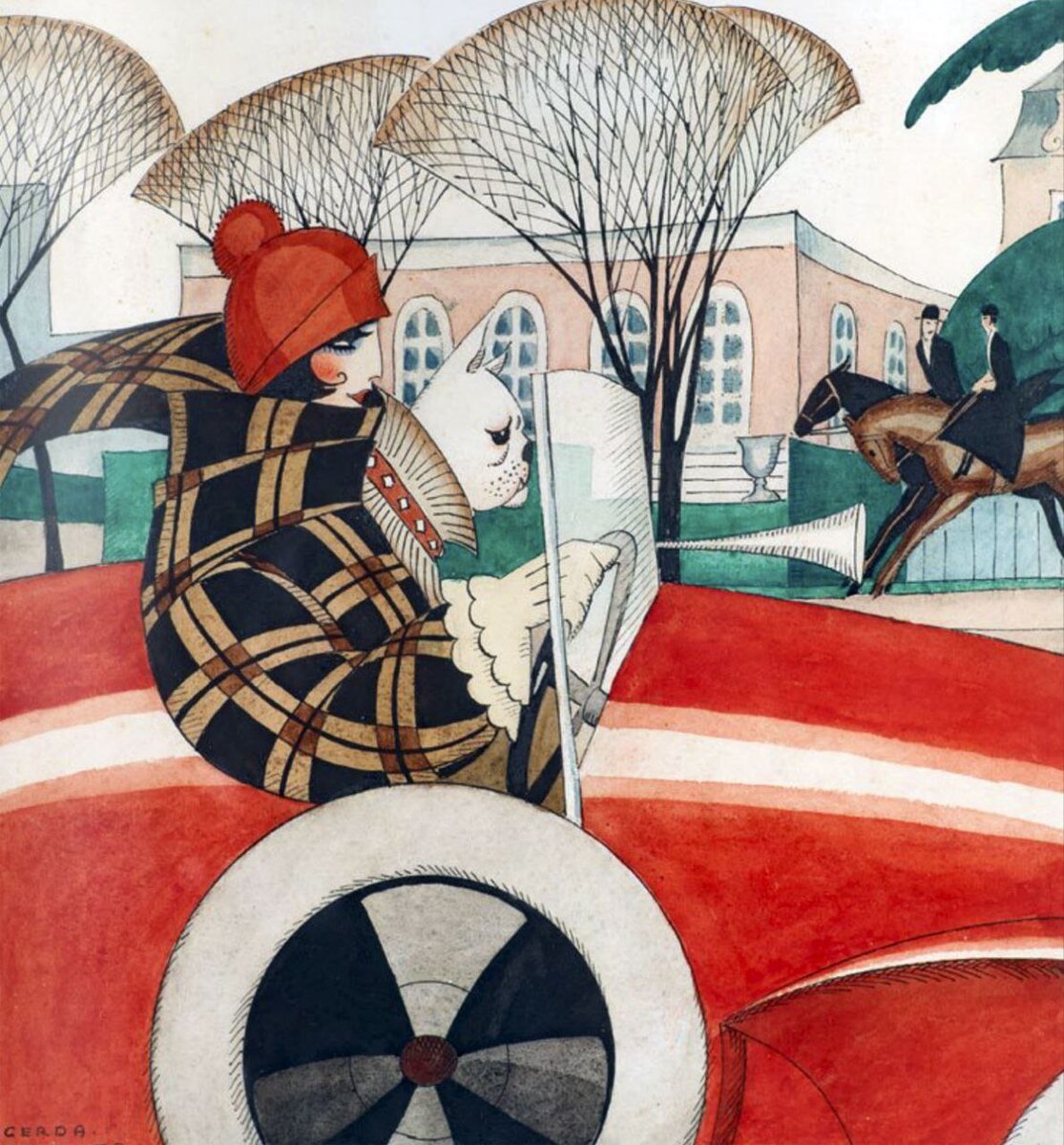 "Девушка и мопс в автомобиле" Герда Вегенер, детали картины, 1927
