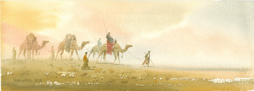 Улугбек Мухамедов, «Караван», чёрный чай, акварель, бумага. 2008г.