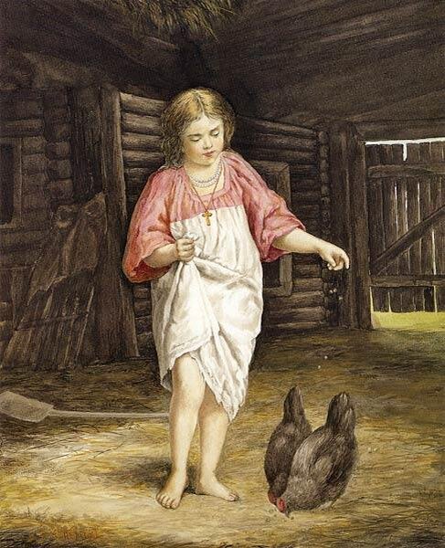 Карл Лемох. Девочка, кормящая кур