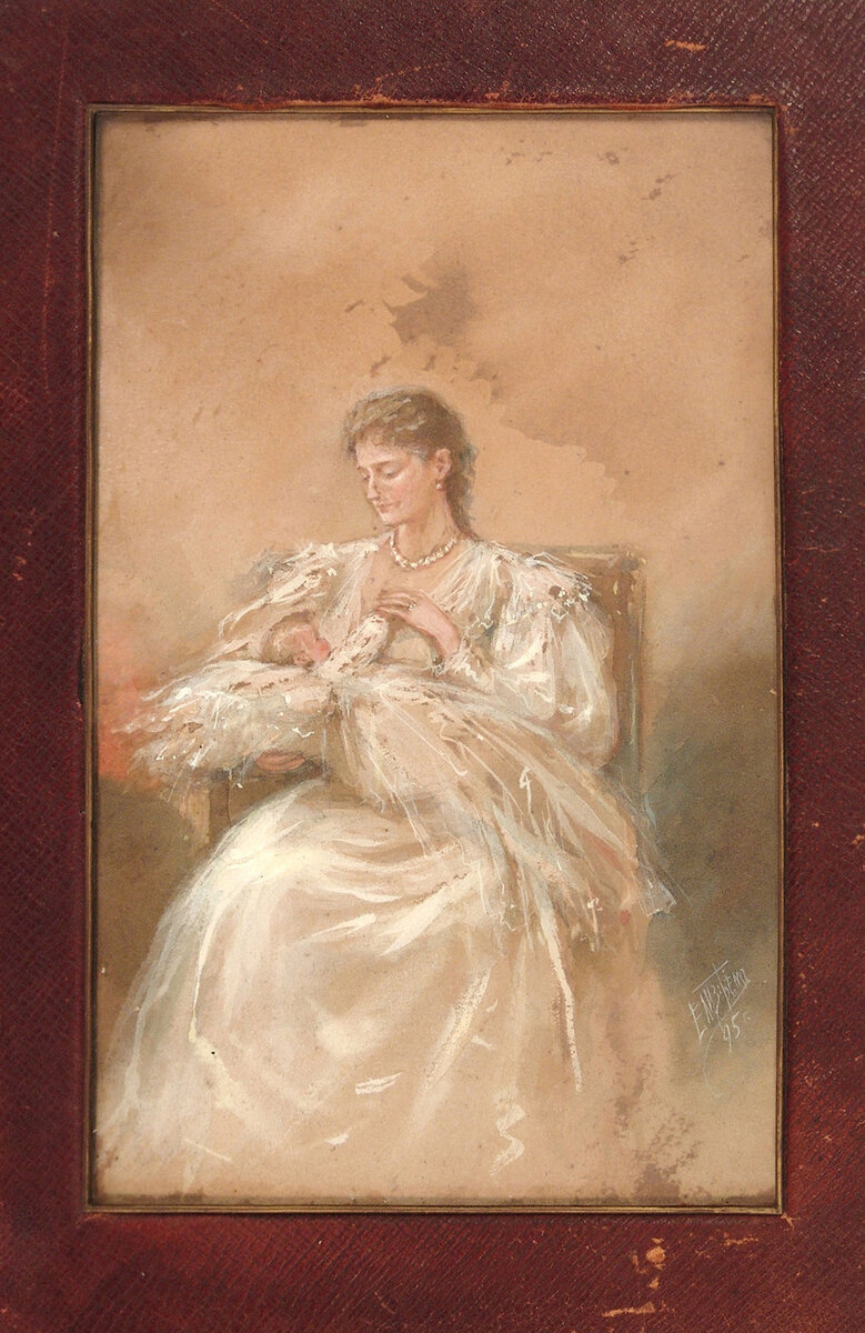 Императрица Александра Федоровна с великой княжной Ольгой Николаевной на руках. Акварель Елизаветы Бём. 1895. Из коллекции ГМЗ «Царское Село»