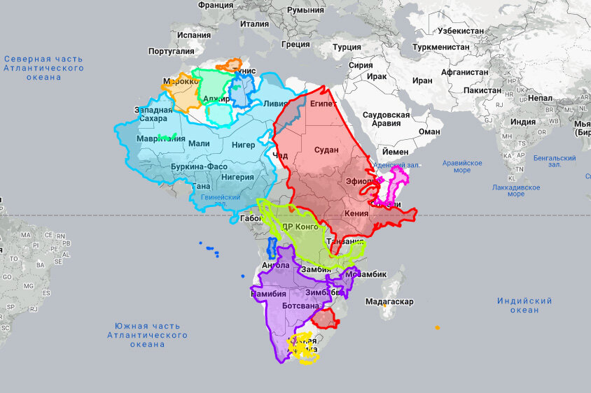 На территории Африки поместились США (красным), Китай (голубым), Мексика (салатовый), Индия (фиолетовый) и ещё почти все европейские страны вместе взятые.