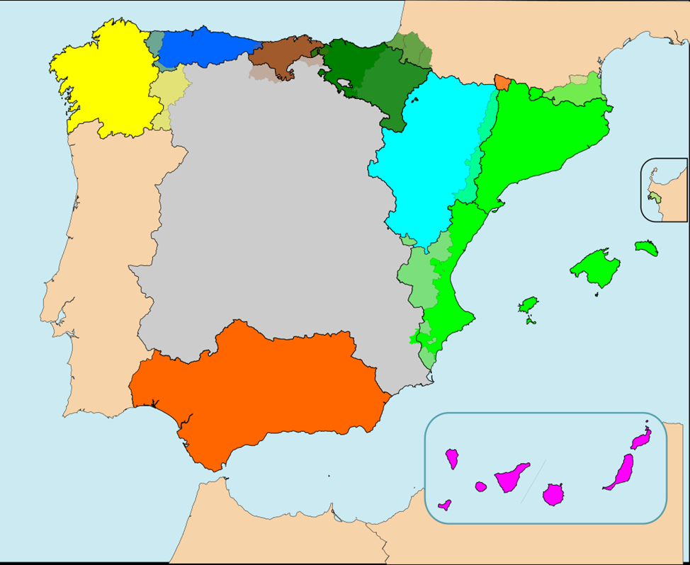 Сепаратистские движения в Испании: Галисия, Астурия, Леон, Кантабрия, Страна Басков и Наварра, Арагон, Каталония, Валенсия и Балеарские острова, Кастилия, Андалусия, Канарские острова
