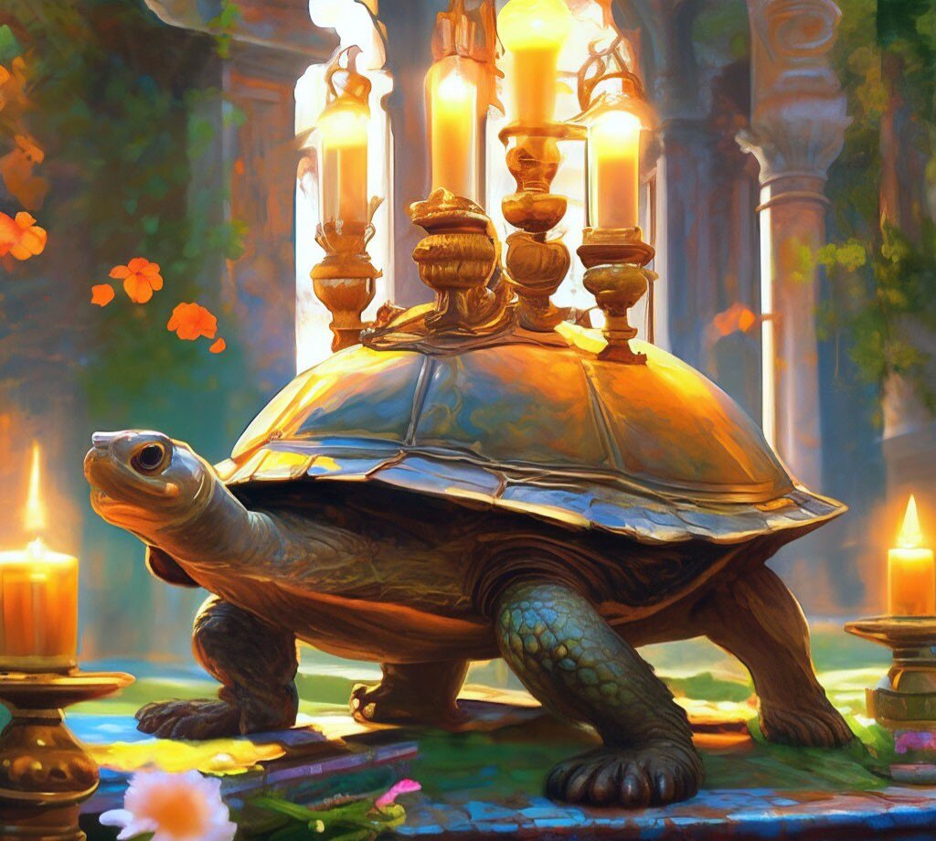 Черепаха со свечами на панцире, картинка для иллюстрации, создана автором канала