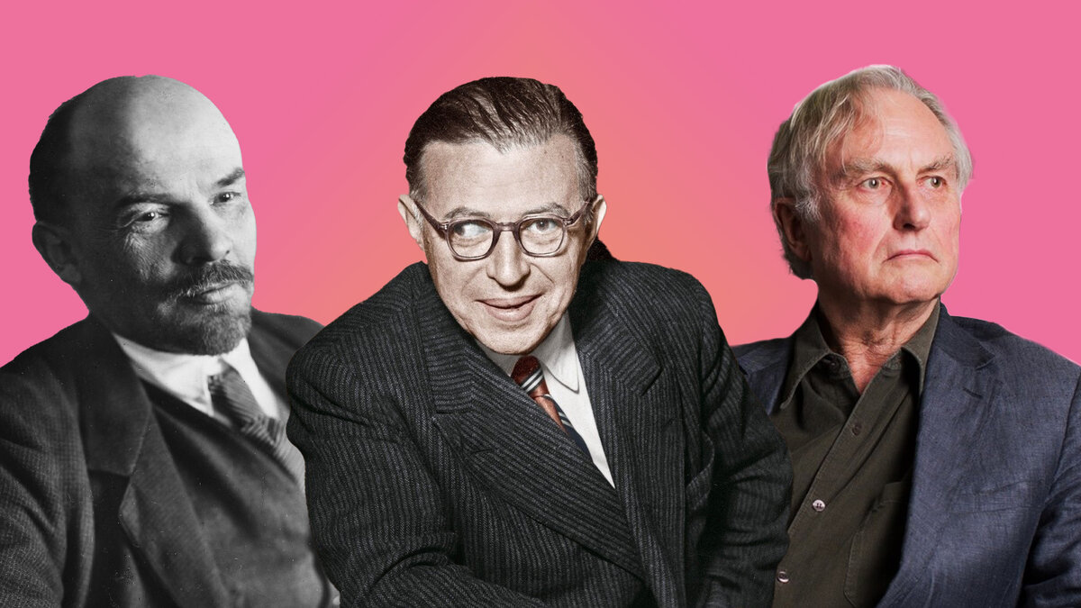 Ленин (атеист-марксист), Сартр (экзистенциальный атеист), Докинз (новый атеист)