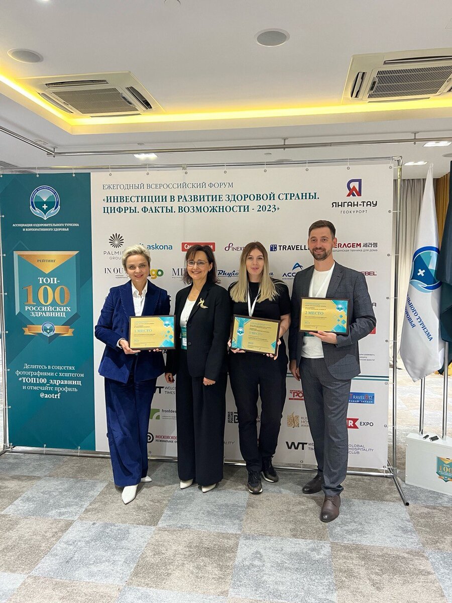 20 место в рейтинге инвестиционной привлекательности «ТОП-100 российских здравниц». Награду вручала Председатель ассоциации оздоровительного туризма и корпоративного здоровья Елена Трубникова 