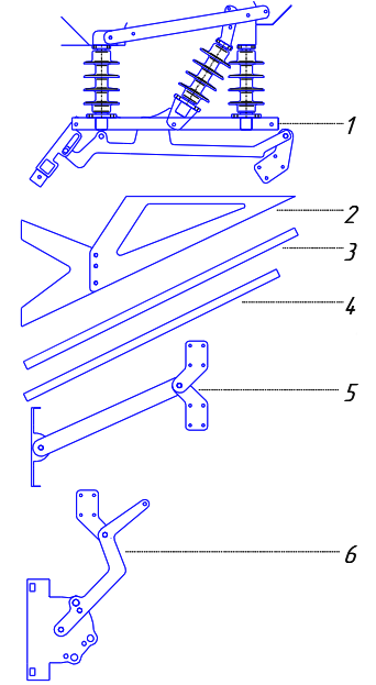 1. Разъединитель
2. Монтажная рама
3. Тяга (2.600 мм)
4. Тяга (2.800 мм)
5. Промежуточный элемент
6. Привод
7. Хомуты с ответными пластинами (на схеме не отражены)