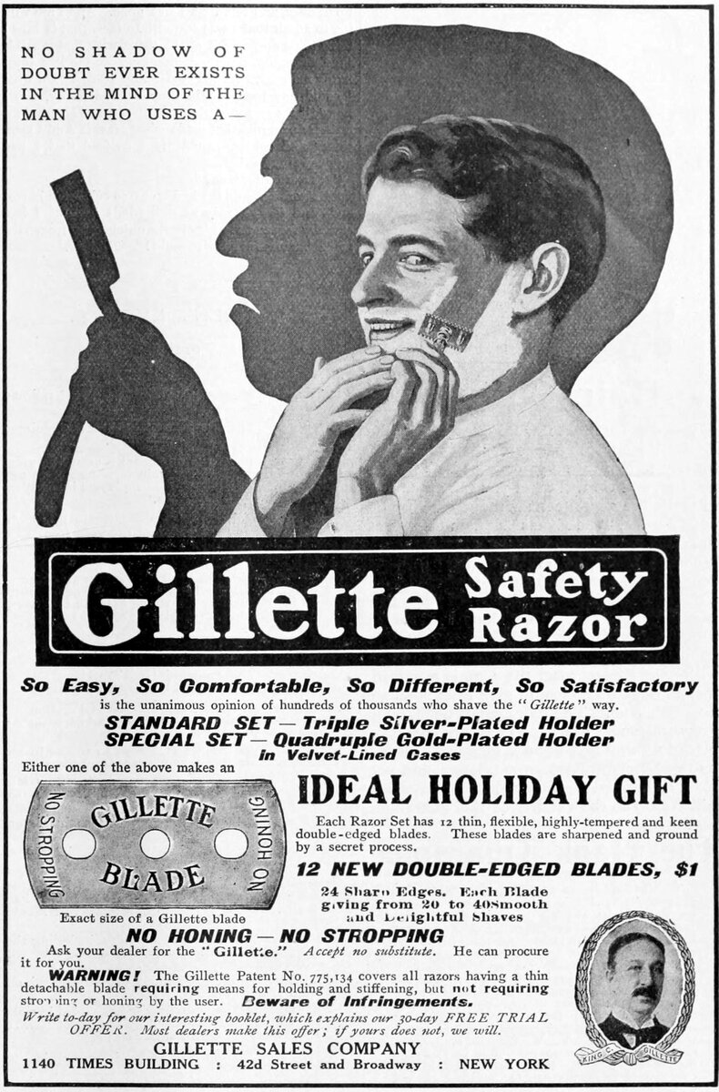 Источник: https://upload.wikimedia.org/wikipedia/commons/9/9f/Gillette_safety_razor_advert_in_The_Literary_Digest%2C_November_4%2C_1905.jpg