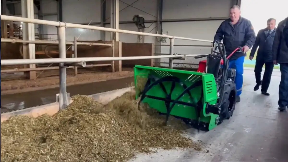 Подталкиватель кормов на базе мотоблока на ферме «Фрунзе» ОАО «Агрокомбината Дзержинский» Фото: Скриншот с видео, опубликованного в telegram-канале Минсельхозпрода Беларуси
