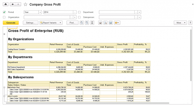 Отчёт Валовая прибыль предприятия в английском интерфейсе 1С УТ 