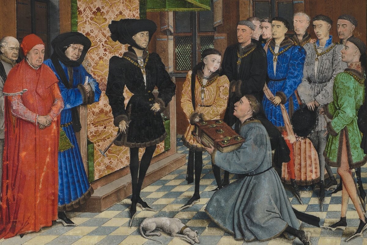 Средневековые пулены на деревянной подошве. Фрагмент иллюстрации из «Хроники Эно», Рогир ван дер Вейден, 1447 год.