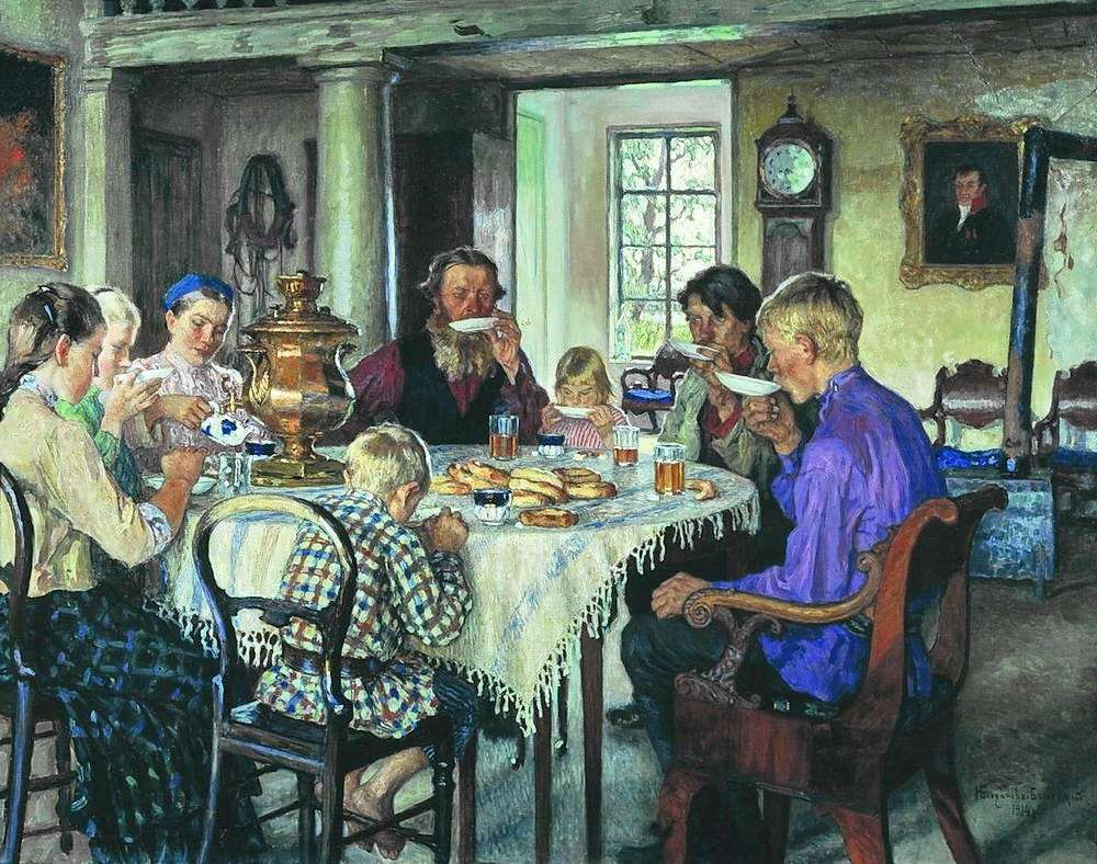 НИКОЛАЙ БОГДАНОВ-БЕЛЬСКИЙ. НОВЫЕ ХОЗЯЕВА. ЧАЕПИТИЕ. 1913. ГОСУДАРСТВЕННЫЙ ХУДОЖЕСТВЕННЫЙ МУЗЕЙ АЛТАЙСКОГО КРАЯ, БАРНАУЛ