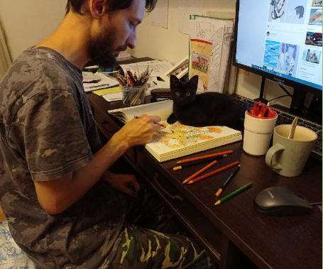 Павел со своим "соавтором", который уже 4 года активно помогает писать картины Источник vk.com/pavelnazim