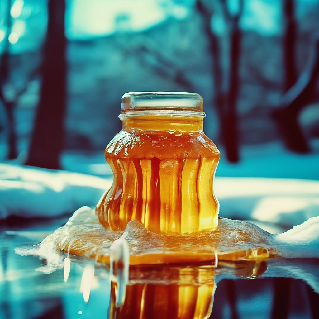 картинка сгенерированна нейросетью, на самом деле замороженный мед достаточно быстро закристаллизуется, но это видимо свежезамороженный.